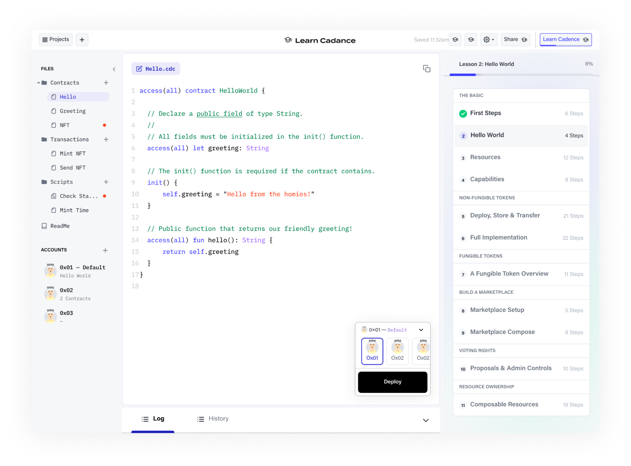 Flow Playground course overview and Cadence code editor