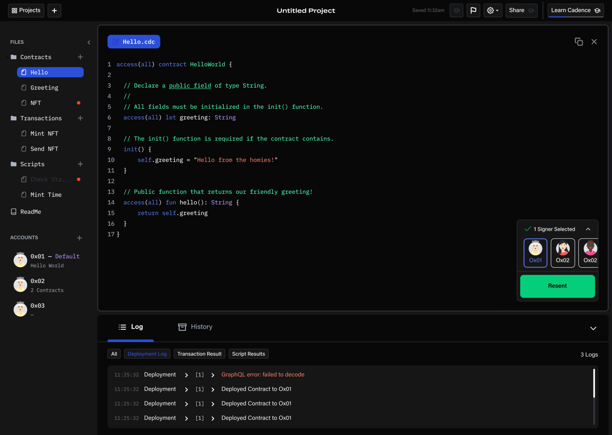 Flow Playground code editor with filtered deployment logs