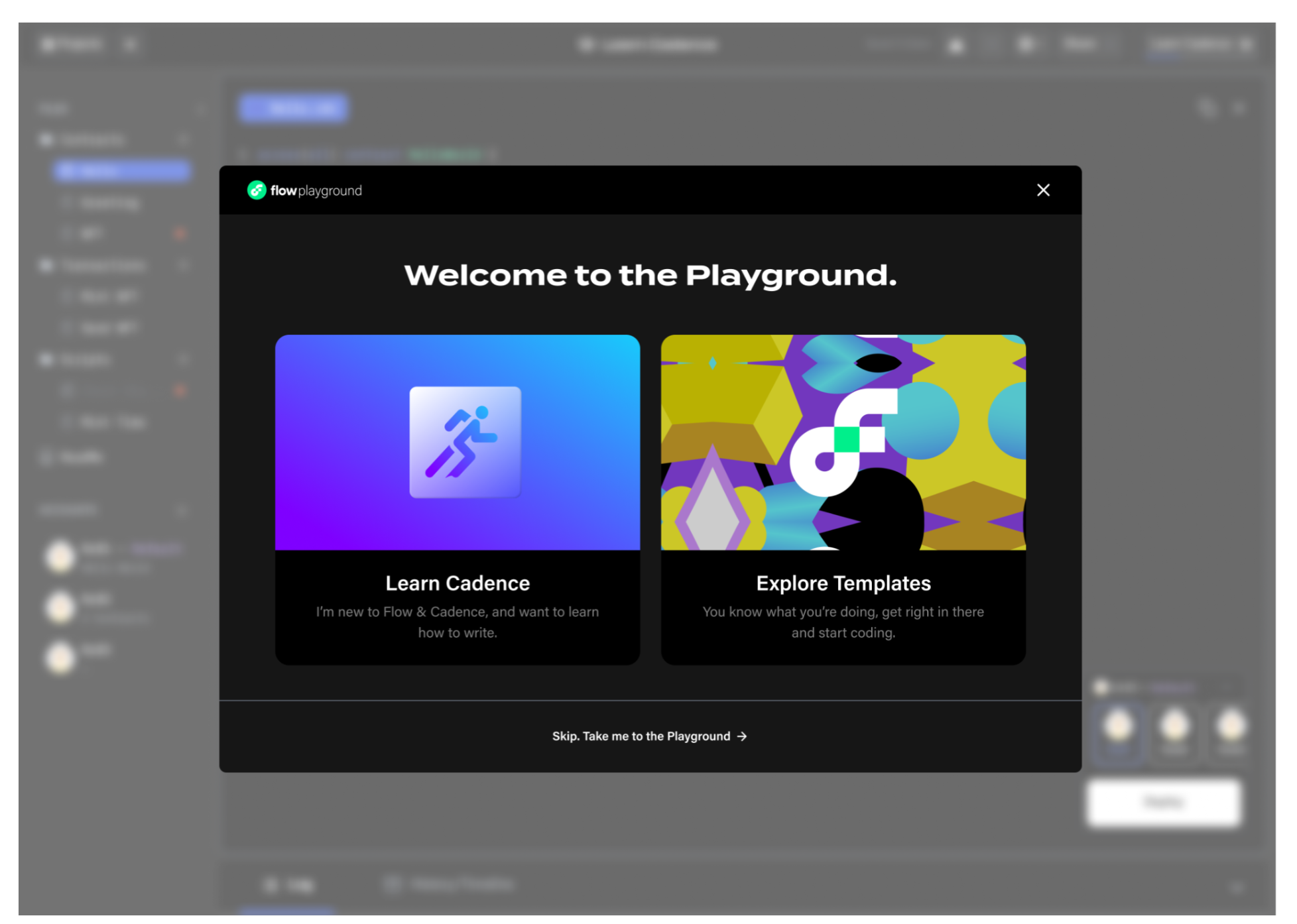 Flow Playground welcome screen
