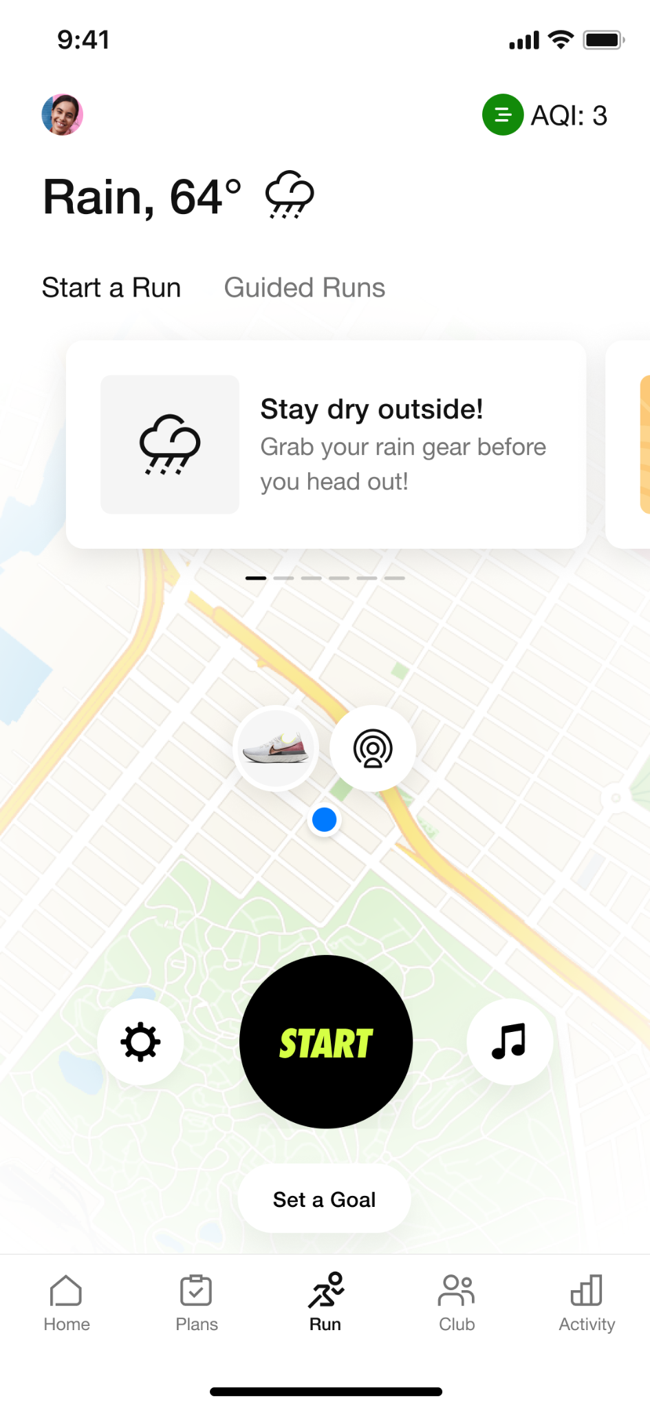 Nike Run Club home screen showing rainy conditions