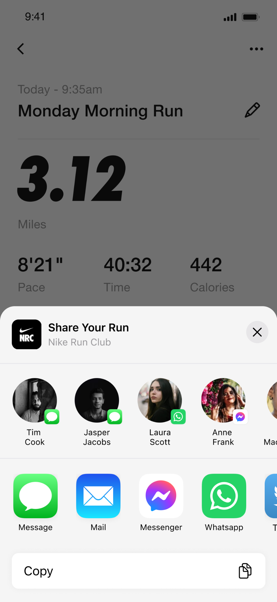 Nike Run Club sharing sheet