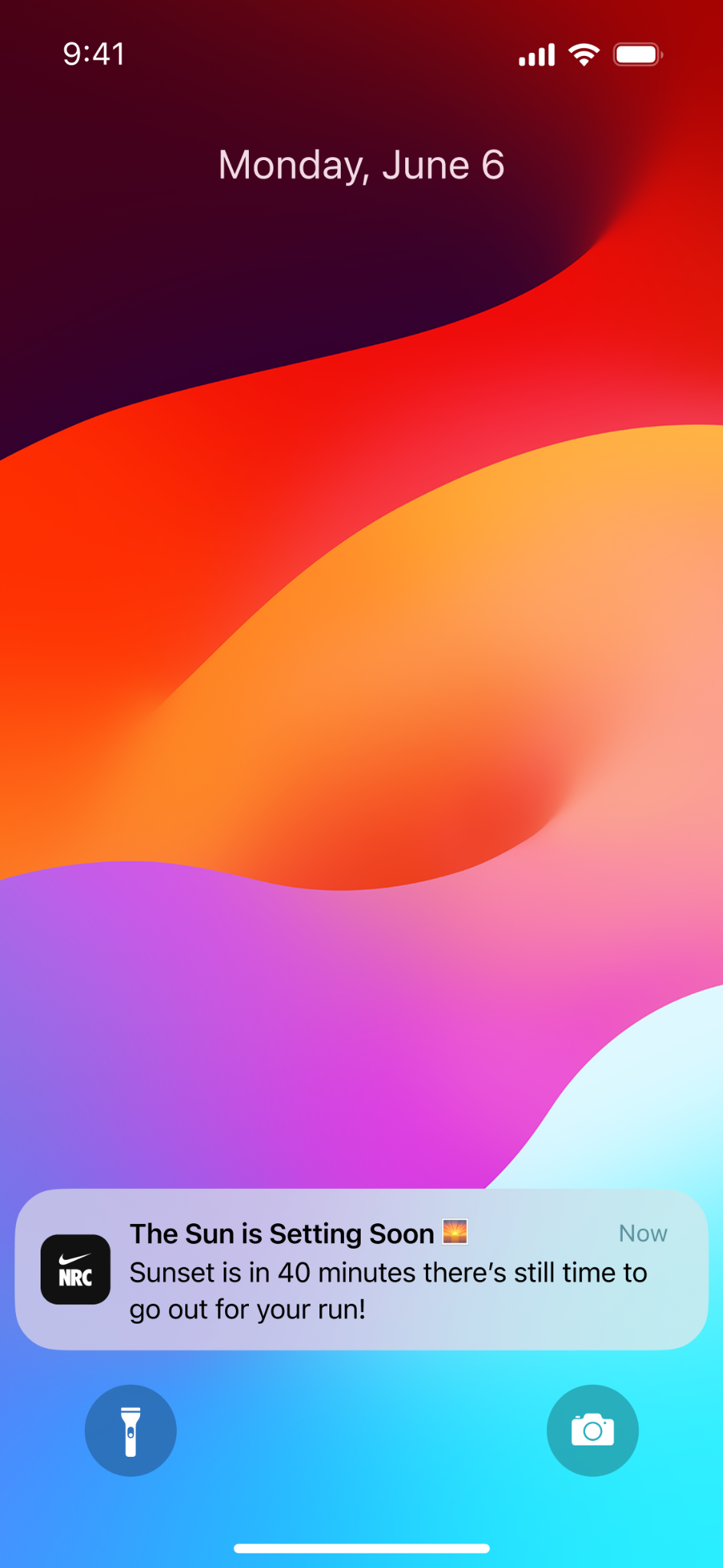 Nike Run Club sunset reminder on an iPhone lock screen