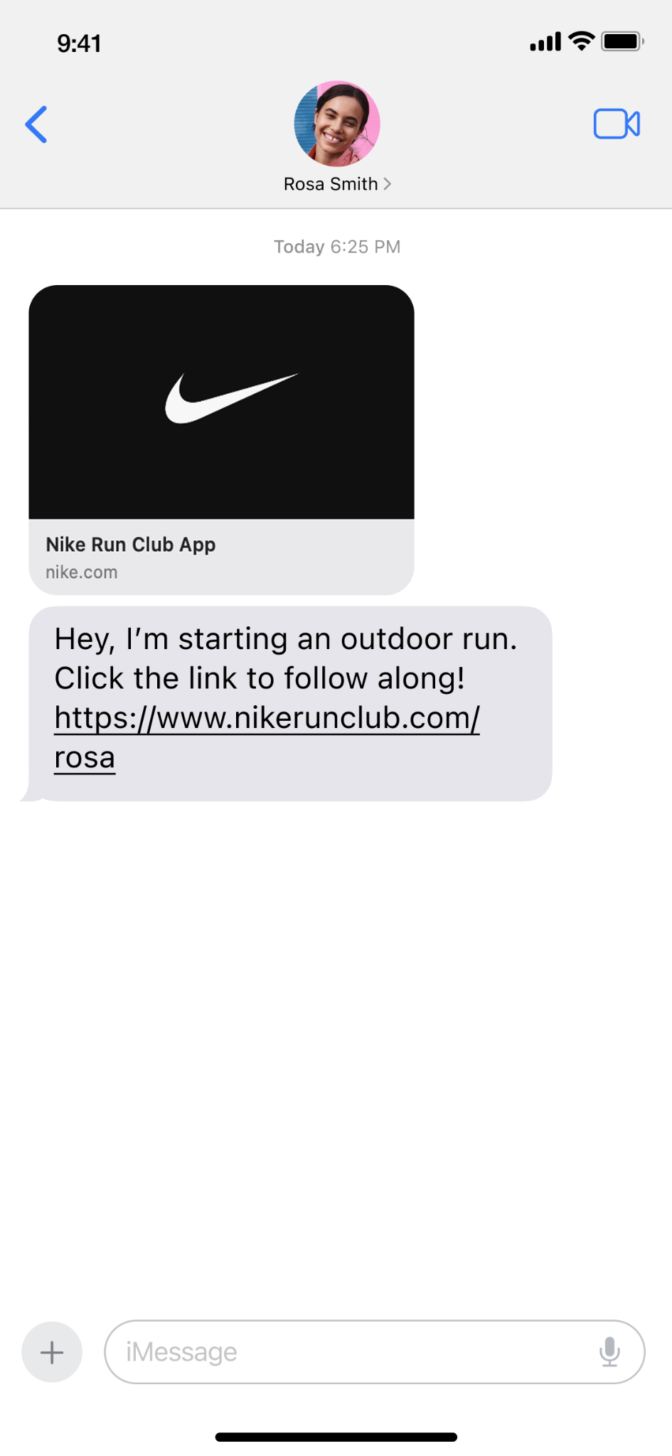 A shared Nike Run Club link received through Messages