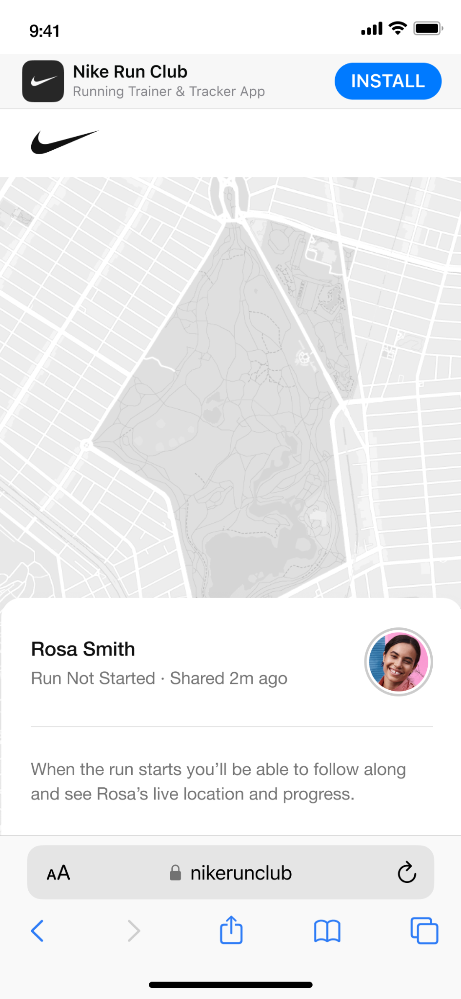 Shared Nike Run Club page before a run starts