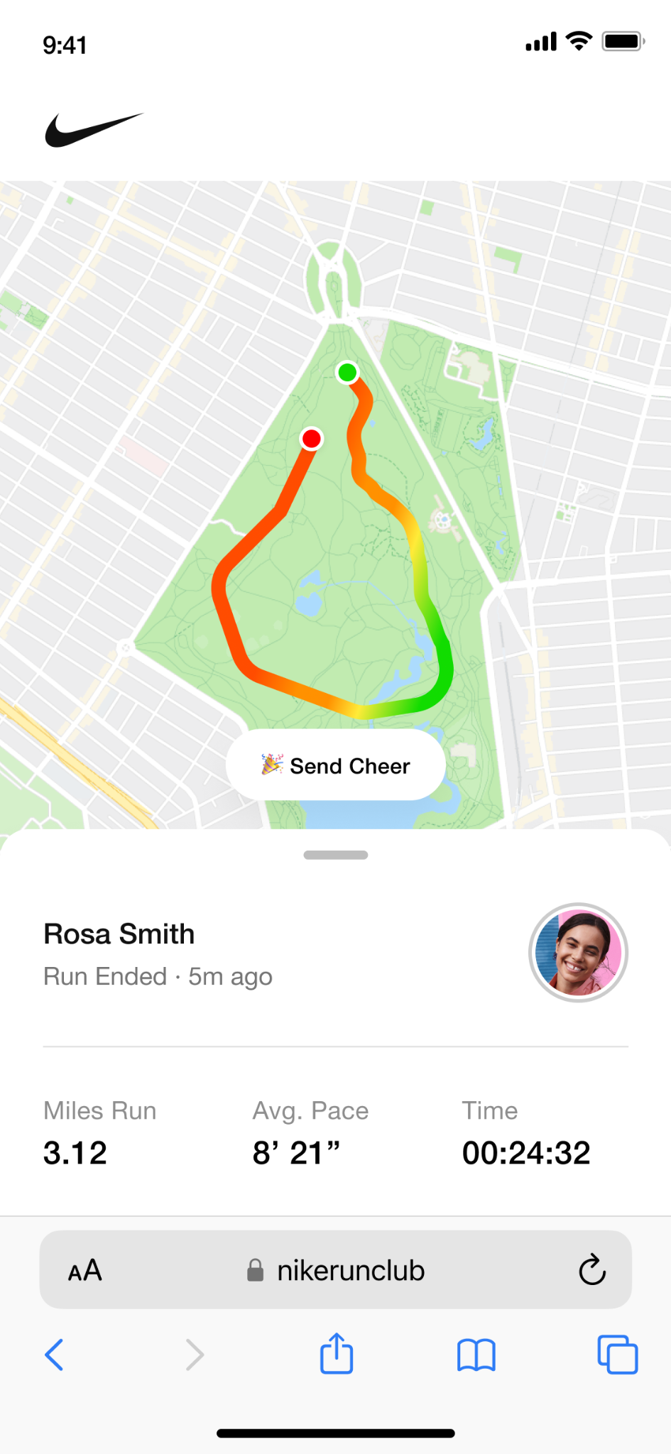 Completed shared Nike Run Club run on mobile