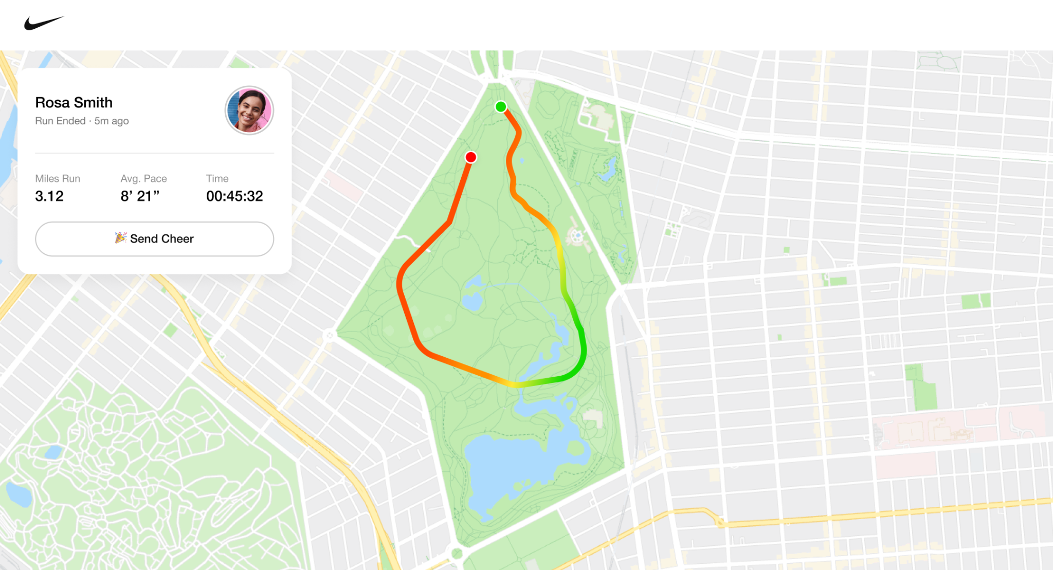 Completed shared Nike Run Club run on desktop