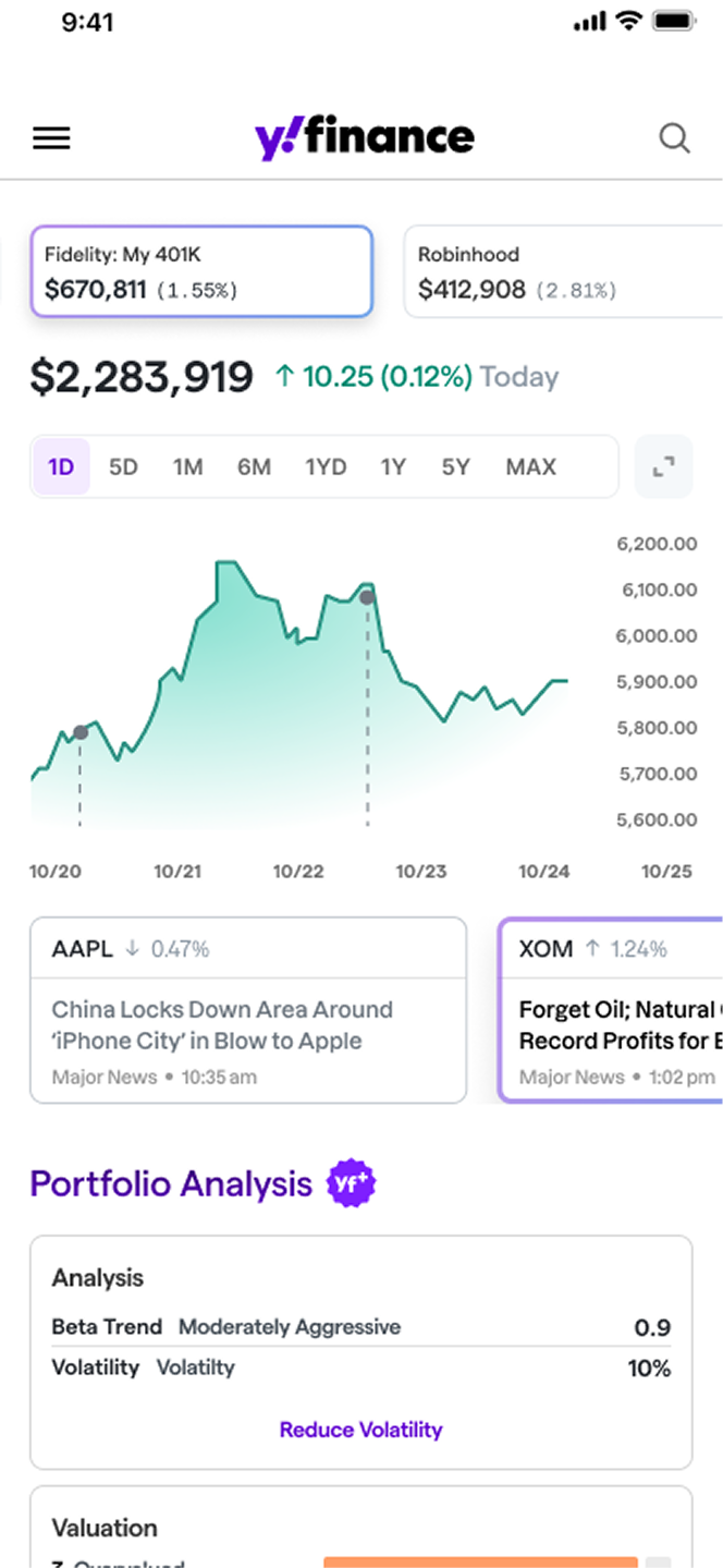 Yahoo Finance mobile portfolio summary