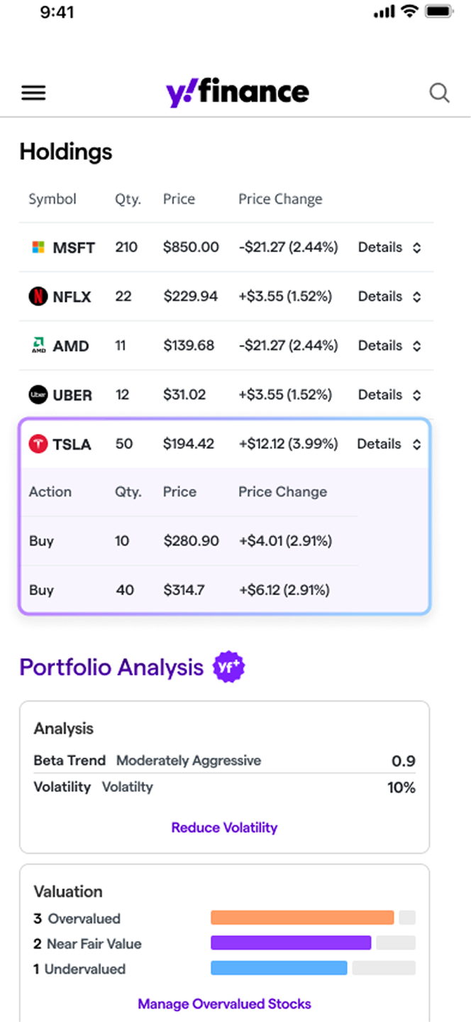 Yahoo Finance mobile holdings and portfolio analysis