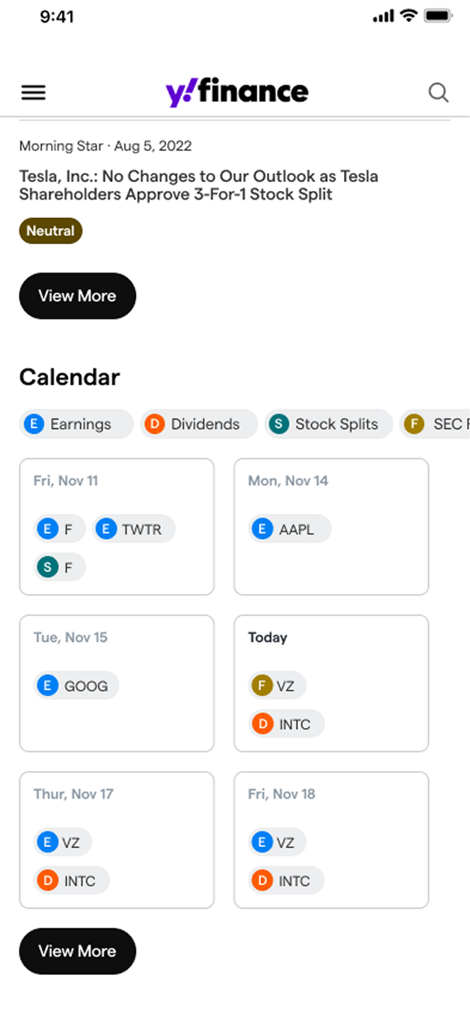 Yahoo Finance mobile research calendar